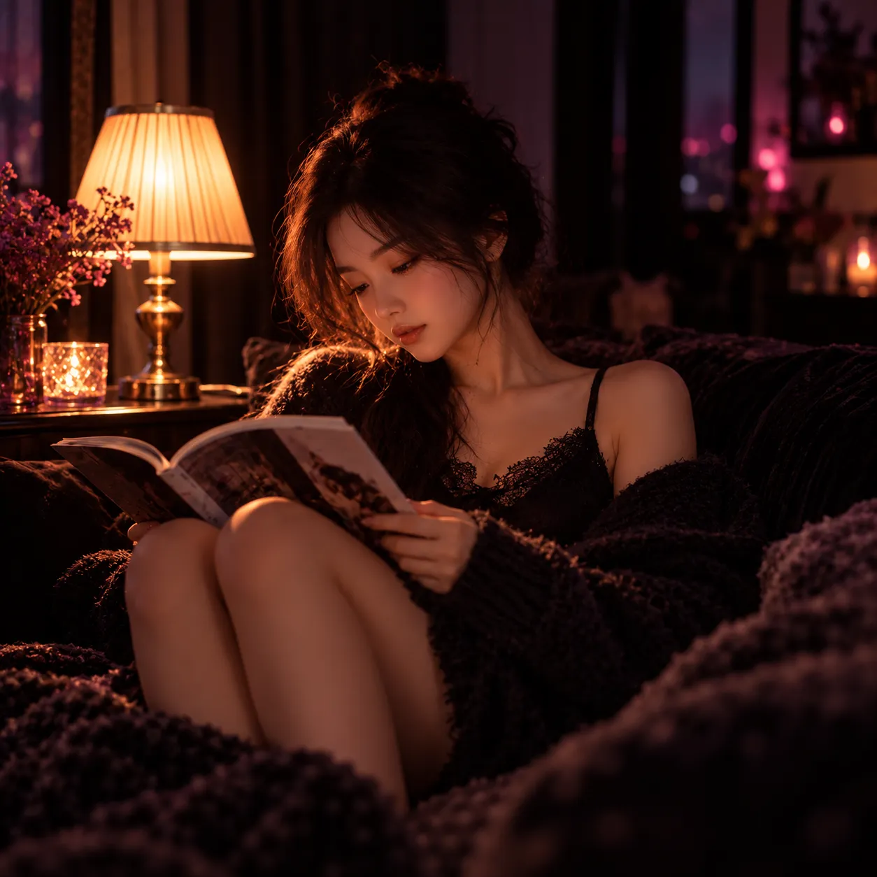 夜晚店铺玻璃窗透出的温暖灯光